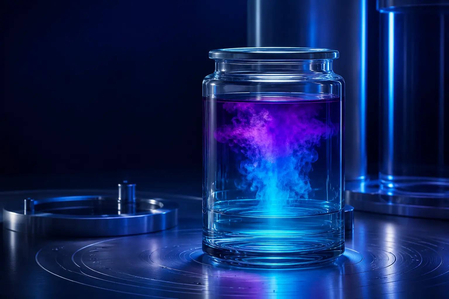 Violet and cyan diffusion suspended in a clear glass vessel on a cobalt instrument surface